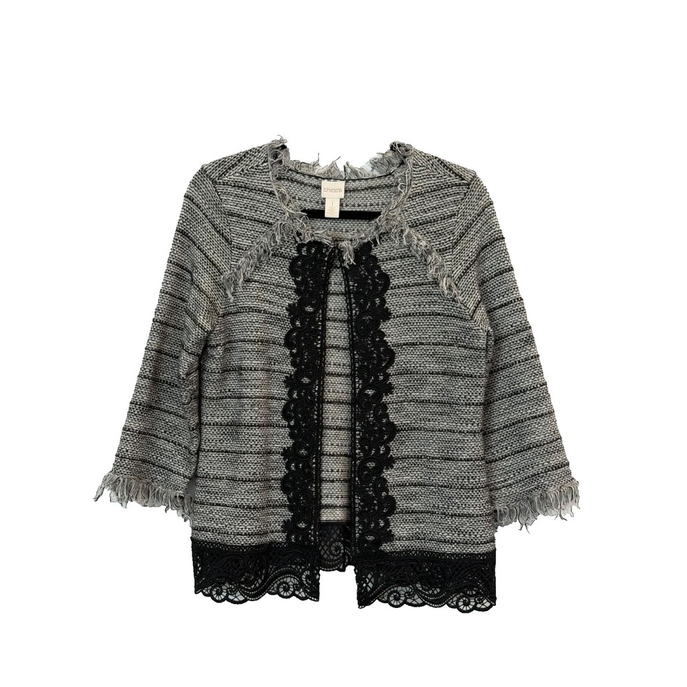 Chicos Open Front Textured Jacket Womens 1X Fringe Lace Old Money Quiet Luxury - Picture 1 of 5